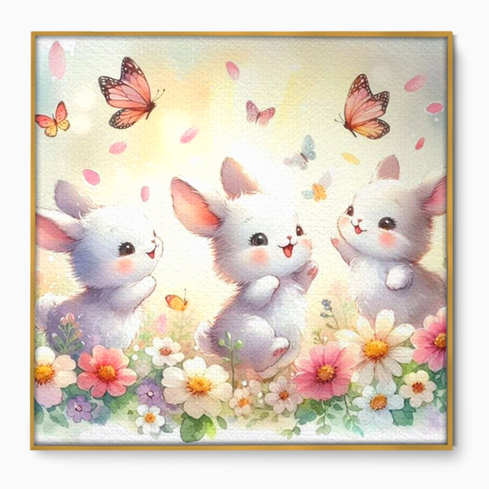 Tablou canvas cu ilustratie cu trei iepurasi si fluturi, in rama de aluminiu auriu